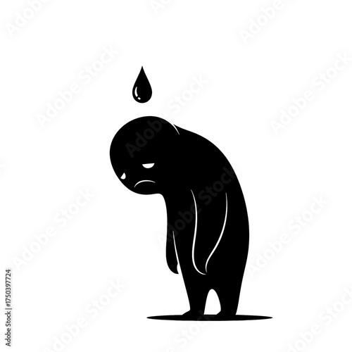 Sad silhouette figure with tear drop, feeling down and depressed.