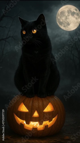 Black cat with glowing eyes sitting on glowing carved pumpkin jack o lantern under full moon in dark spooky forest autumn night creating mysterious Halloween atmosphere