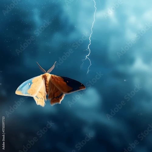 Moth with orange and blue wings flying stormy sky lightning bolt dramatic intense atmosphere nature dark clouds glowing insect wings delicate antennae natural scene full of tension energy mysterious