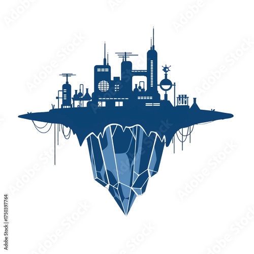 Futuristic City Silhouette Floating Above Crystalline Structure.