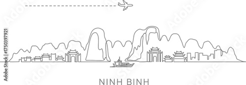 Ninh Binh Vietnam Skyline with Karst Mountains and Temple Architecture