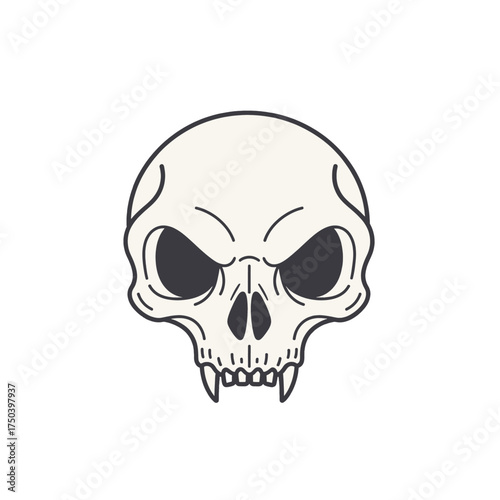 Sinister skull illustration with sharp teeth and dark eyes, spooky design.