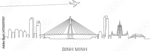 Binh Minh City Skyline with Airplane and Cable-Stayed Bridge