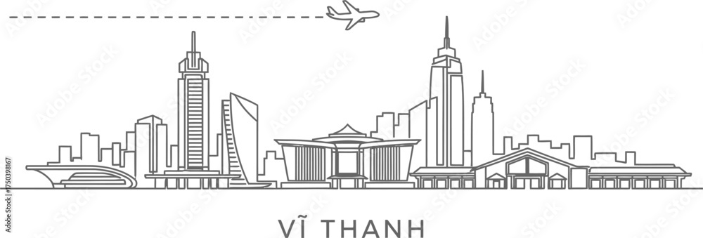 Naklejka premium Vĩ Thanh Vietnam City Skyline Airplane Travel Line Art