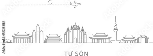 Tứ Sơn Vietnam Skyline with Airplane and Flight Path