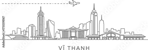 Vĩ Thanh Vietnam City Skyline Airplane Travel Line Art