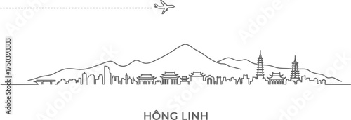 Hong Linh Skyline with Airplane and Mountains Line Art