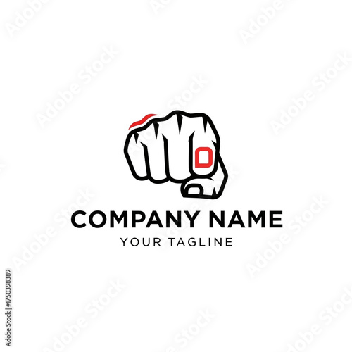 A powerful forward-pointing fist logo design with bold black lines and red accents.