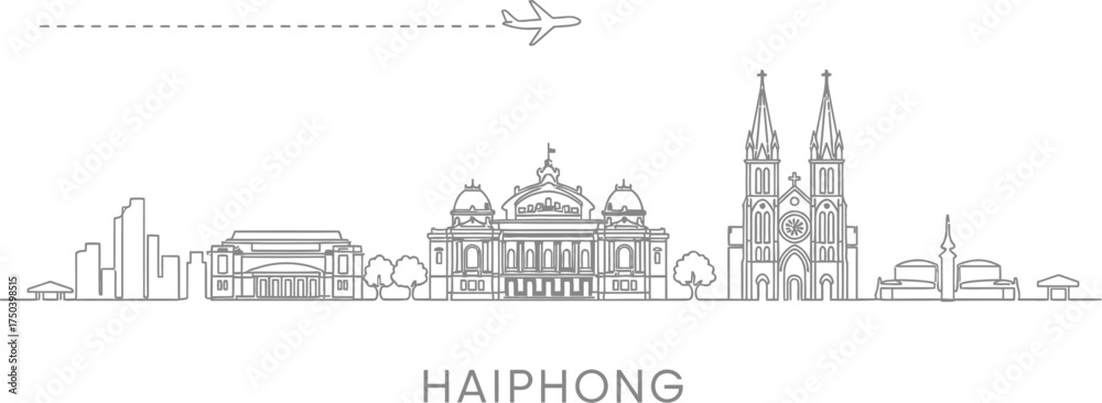 Naklejka premium Haiphong City Skyline with Airplane and Landmark Line Art
