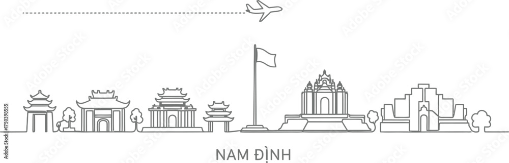 Naklejka premium Nam Dinh Skyline Landmark Line Art with Airplane