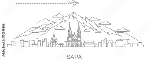Sapa Vietnam Skyline with Mountains and Airplane Line Art