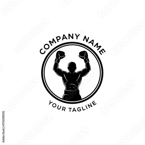 Monochrome graphic logo featuring a triumphant boxer silhouette with raised arms and boxing gloves inside a circular frame.