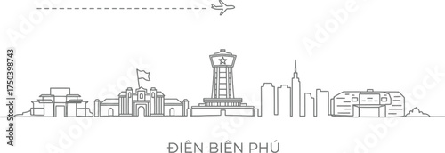 Dien Bien Phu Skyline Cityscape with Airplane Flying Overhead
