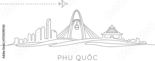 Phu Quoc Skyline Silhouette with Airplane and Traditional Architecture