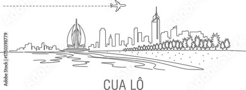 Cua Lo Vietnam Skyline Line Art with Airplane