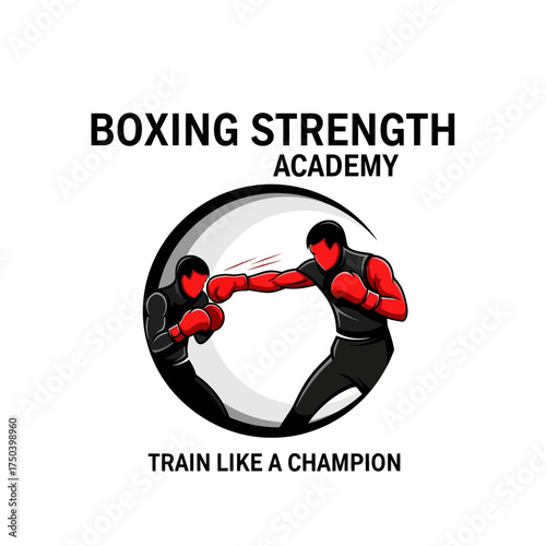 Dynamic logo for 'Boxing Strength Academy' featuring two boxers in action, with the slogan 'Train Like a Champion' inside a circular emblem.