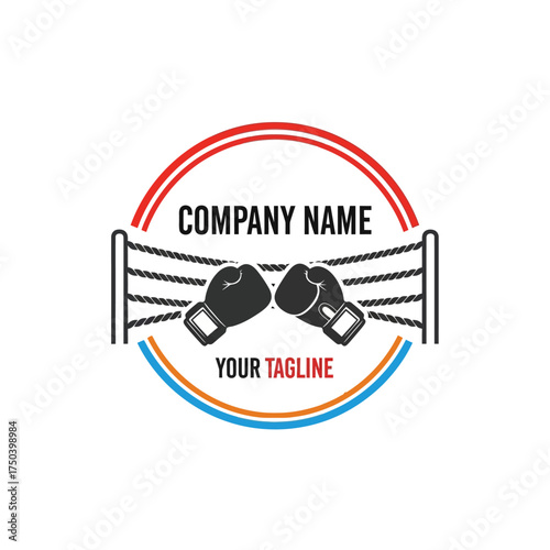 Boxing gloves logo design with a ring and circular frame for a combat sports company.