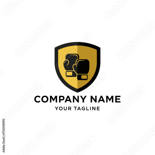 Shield logo featuring boxing gloves, suitable for a sports-related company, with a golden and black color scheme.
