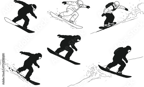 Snowboarding vector illustration, extreme winter sport action, dynamic snowboard poses, freestyle tricks, downhill motion, black and white silhouette, snow spray effect, athlete movement