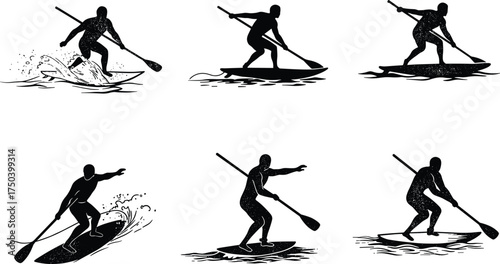 Paddleboarding vector illustration, water sport action, silhouette poses, dynamic paddling techniques, wave riding, calm water stance, black and white style, outdoor activity