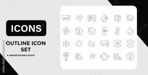 Outline Icon Set Climate Control Weather and Environmental Elements Depicted in Line Art