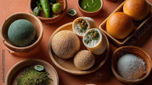 Beautifully Arranged Traditional Ingredients on a Warm Surface with Fresh Green Elements and Soft Bread Rolls