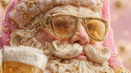 Cool Santa Claus: A close-up shot of Santa Claus wearing golden sunglasses, enjoying a refreshing glass of beer. A cheerful portrayal of the holiday spirit, with a touch of fun.
