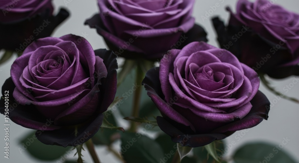 Fototapeta premium Close-up of vibrant purple roses with dark edges, displayed against a neutral background