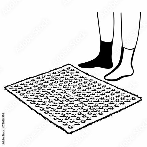 Feet standing on acupressure mat with contrasting sock colors  