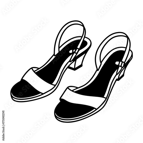 Black and white illustration of stylish women’s slingback sandals  