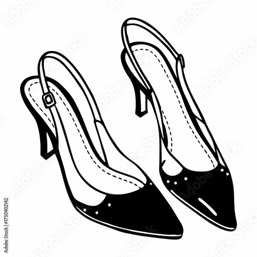 Stylish black high-heeled slingback shoes on white background  