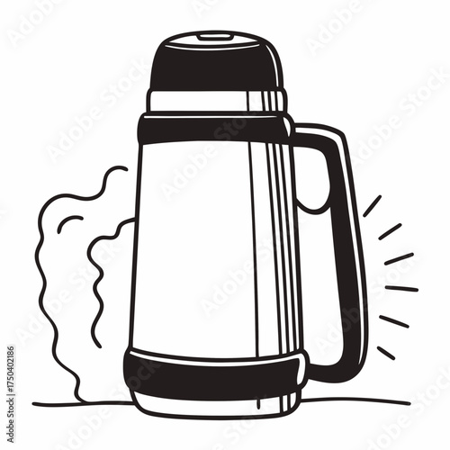 Thermos bottle with steam emitting in a simple black and white design  