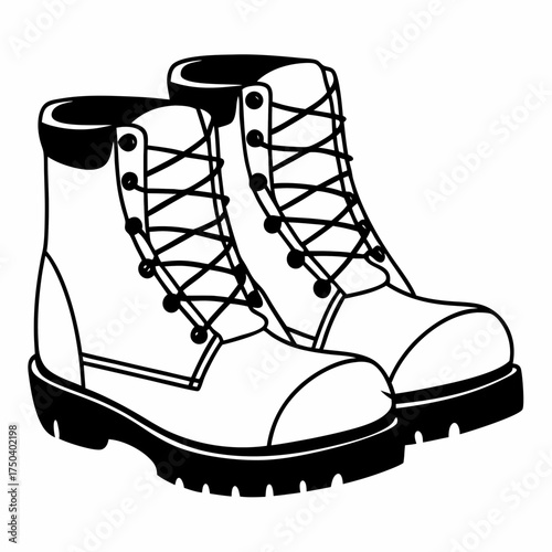 Black and white hiking boots with laces and rugged soles  