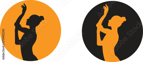 Silhouette of female dancer in graceful pose inside contrasting circle icons — perfect for ballet, modern dance, choreography graphics, social media, website banners, and stock illustration collection