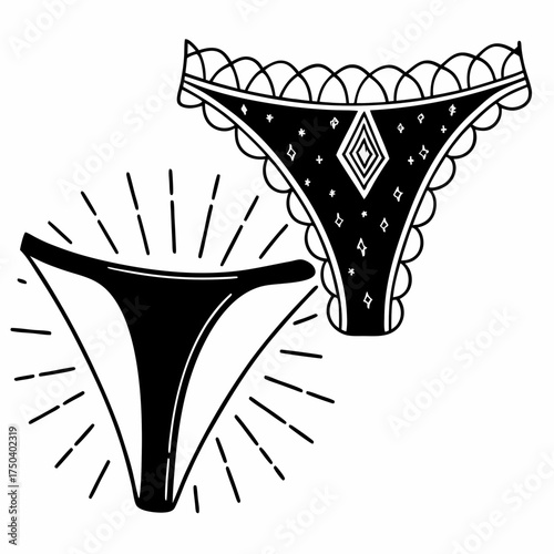 Black lingerie thong illustrations with decorative designs  