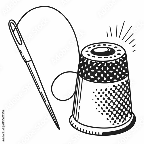 Needle and thimble with sewing thread in vintage style  