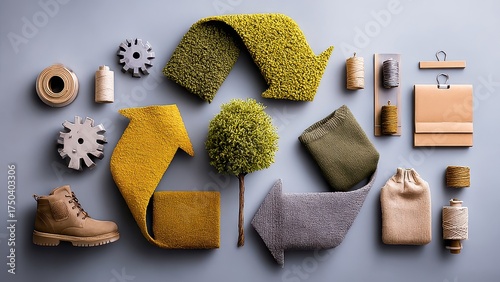 Creative eco-friendly concept with arrows, tree, and sustainable materials highlighting recycling and green living.