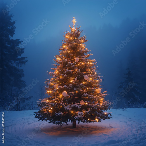 A Christmas tree is beautifully decorated with golden string lights and ornaments, standing in a snowy forest at twilight. The misty landscape, with snow-covered ground and pine trees in the blue even