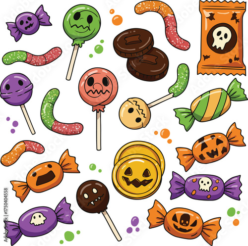 Colorful Halloween candy assortment including lollipops, wrapped sweets, cookies, and gummy worms scattered on a white background.