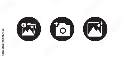 Add picture icon, Gallery icon vector icon set, Add photos icon in flat black solid vector set, Vector illustration EPS 10.