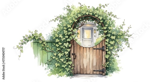 Enchanted Garden Gate - A Watercolor Illustration of Natures Embrace.