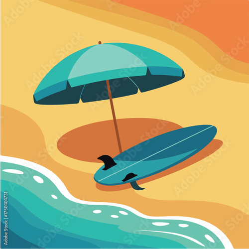 Summer Beach Vector Illustration – Surfboard, Umbrella and Sun in Bright Flat Minimal Style