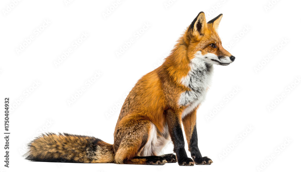Fototapeta premium An alert, orange-brown fox sits elegantly, facing right, fur detailed against black