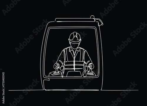  Continuous line drawing of a construction worker operating heavy machinery controls inside a cabin, depicting an industrial equipment operator or engineer at a job site