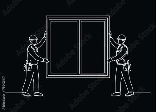 Continuous line drawing of two construction workers or repairmen installing a window frame, concept of home renovation, building, or repair services.