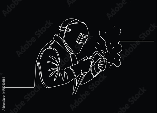  Continuous Line Art of a Welder at Work, Sparks Flying from the Welding Torch, Industrial Fabrication Profession