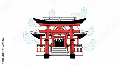 Japanese Shinto Shrine with Ghosts for Halloween Celebration. Illustration for cultural festivals, spooky themes, and traditional architecture representation.