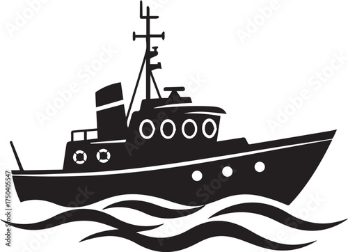 Black silhouette of a tugboat sailing on waves ship