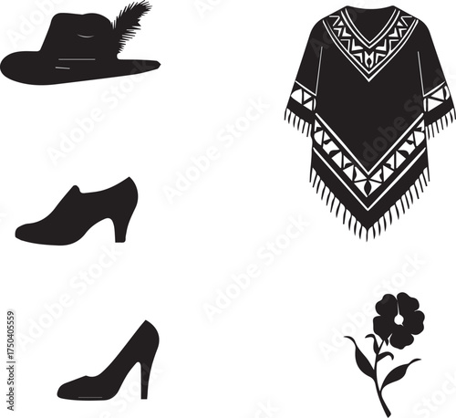 Black silhouettes of fashion items and a feather hat