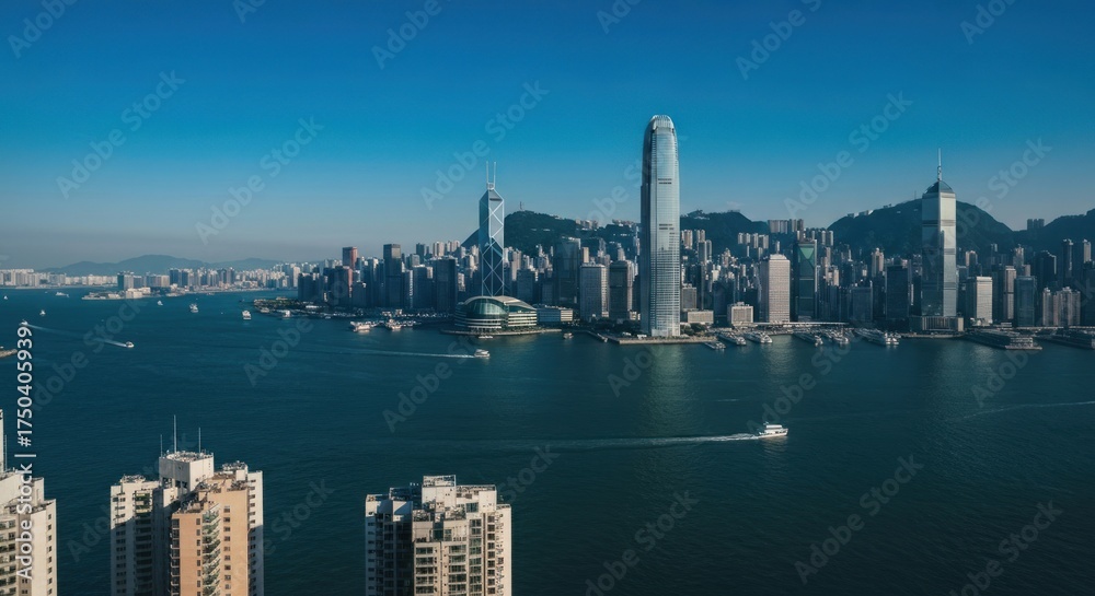 Fototapeta premium Panoramic view of a bustling waterfront city with many high-rise buildings under blue sky
